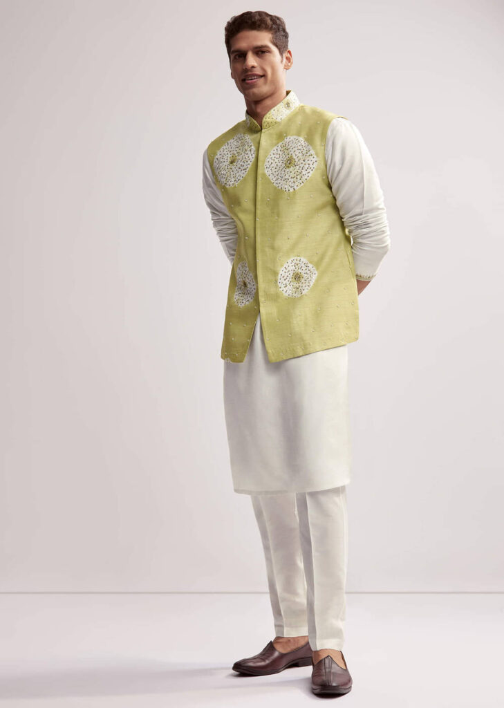 Lime Green Silk Kurta Jacket Set For Men With Hand Embroidery

