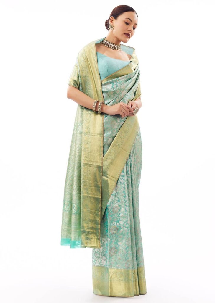 Powder Blue Silk Woven Saree With Chanderi Floral Jaal Weave And Golden Border