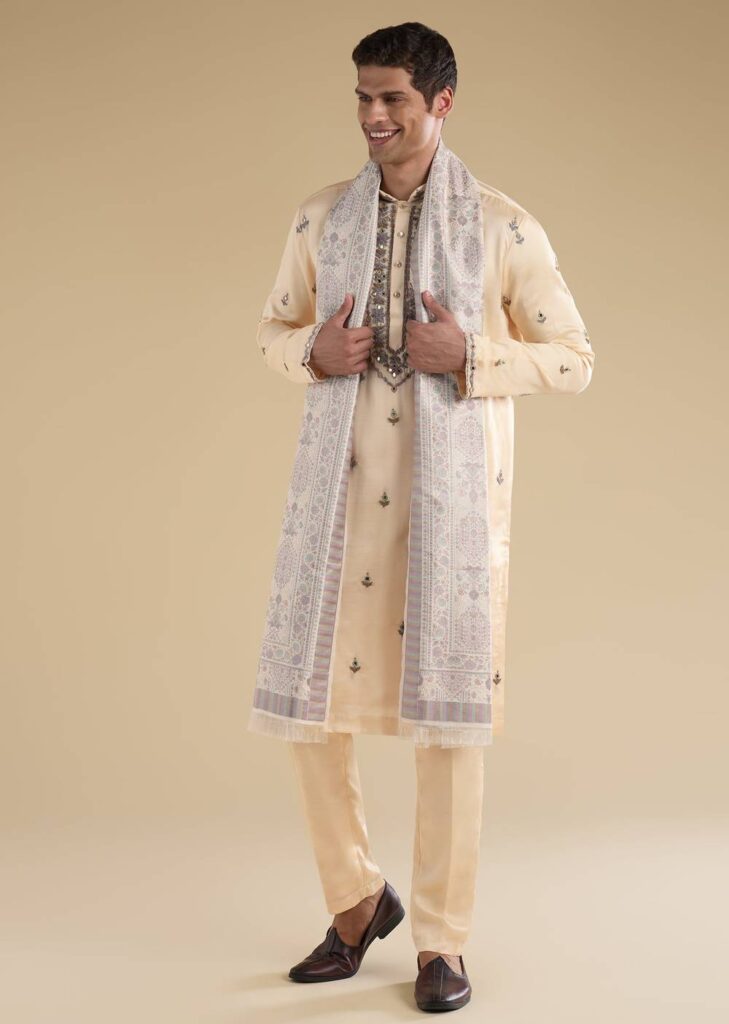 Beige Embroidered Kurta Set With Dupatta

